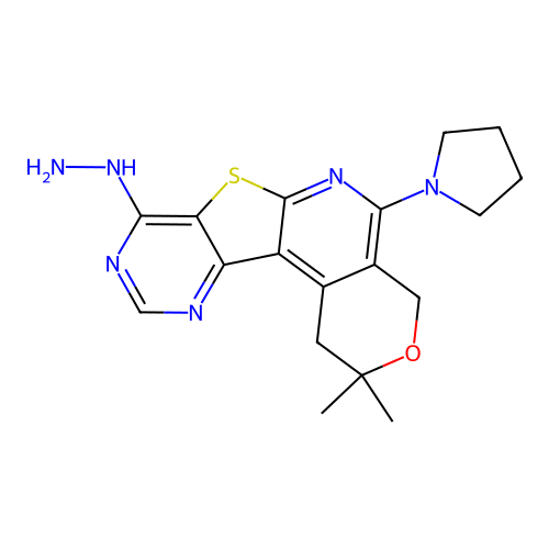 8-hydrazinyl-2,2-dimethyl-5-(pyrrolidin-1-yl)-1,4-dihydro-2H-pyrano[4'',3'':4',5']pyrido[3',2':4,5]thieno[3,2-d]pyrimidine structure