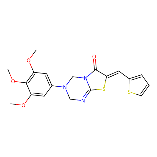 (7Z)-7-(thiophen-2-ylmethylidene)-3-(3,4,5-trimethoxyphenyl)-2,4-dihydro-[1,3]thiazolo[3,2-a][1,3,5]triazin-6-one structure