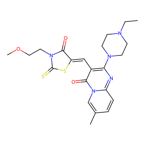2-(4-ethylpiperazin-1-yl)-3-{(Z)-[3-(2-methoxyethyl)-4-oxo-2-thioxo-1,3-thiazolidin-5-ylidene]methyl}-7-methyl-4H-pyrido[1,2-a]pyrimidin-4-one structure