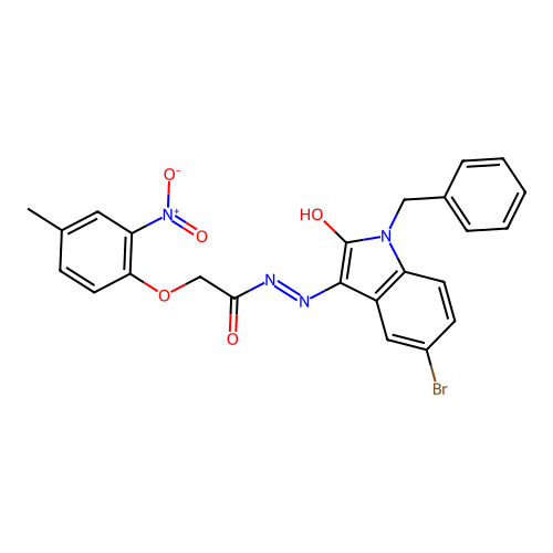 (E)-N'-(1-benzyl-5-bromo-2-oxoindolin-3-ylidene)-2-(4-methyl-2-nitrophenoxy)acetohydrazide structure