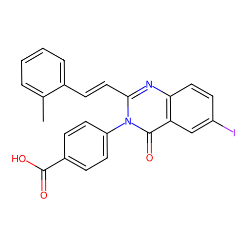 (E)-4-(6-iodo-2-(2-methylstyryl)-4-oxoquinazolin-3(4H)-yl)benzoic acid structure