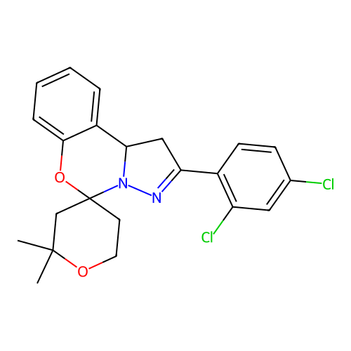 2'-(2,4-dichlorophenyl)-2,2-dimethyl-1',2,3,5,6,10b'-hexahydrospiro[pyran-4,5'-pyrazolo[1,5-c][1,3]benzoxazine] structure