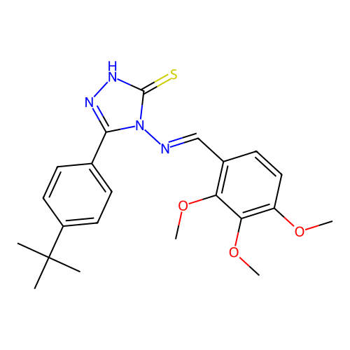 (E)-5-(4-(tert-butyl)phenyl)-4-((2,3,4-trimethoxybenzylidene)amino)-4H-1,2,4-triazole-3-thiol structure