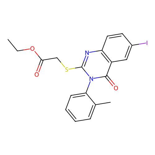 Ethyl 2-[6-iodo-3-(2-methylphenyl)-4-oxo-quinazolin-2-yl]sulfanylacetate structure