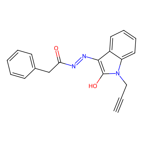 N-[(2-oxo-1-prop-2-ynylindol-3-ylidene)amino]-2-phenylacetamide structure