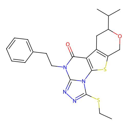 1-(ethylsulfanyl)-4-(2-phenylethyl)-7-(propan-2-yl)-6,9-dihydro-7H-pyrano[4',3':4,5]thieno[3,2-e][1,2,4]triazolo[4,3-a]pyrimidin-5(4H)-one structure