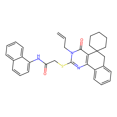 2-((3-allyl-4-oxo-4,6-dihydro-3H-spiro[benzo[h]quinazoline-5,1'-cyclohexan]-2-yl)thio)-N-(naphthalen-1-yl)acetamide structure