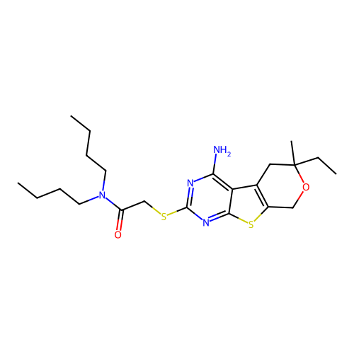2-((4-amino-6-ethyl-6-methyl-6,8-dihydro-5H-pyrano[4',3':4,5]thieno[2,3-d]pyrimidin-2-yl)thio)-N,N-dibutylacetamide structure
