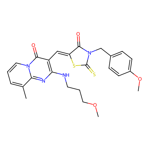 3-{(Z)-[3-(4-methoxybenzyl)-4-oxo-2-thioxo-1,3-thiazolidin-5-ylidene]methyl}-2-[(3-methoxypropyl)amino]-9-methyl-4H-pyrido[1,2-a]pyrimidin-4-one structure