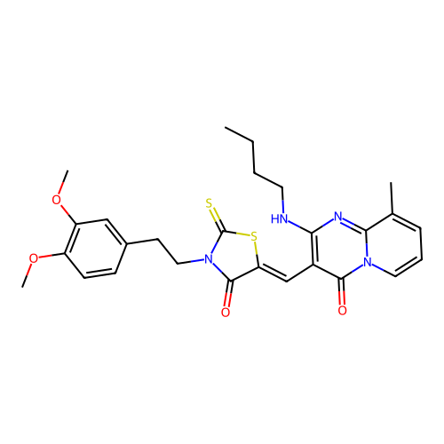 2-(butylamino)-3-[(Z)-{3-[2-(3,4-dimethoxyphenyl)ethyl]-4-oxo-2-thioxo-1,3-thiazolidin-5-ylidene}methyl]-9-methyl-4H-pyrido[1,2-a]pyrimidin-4-one structure