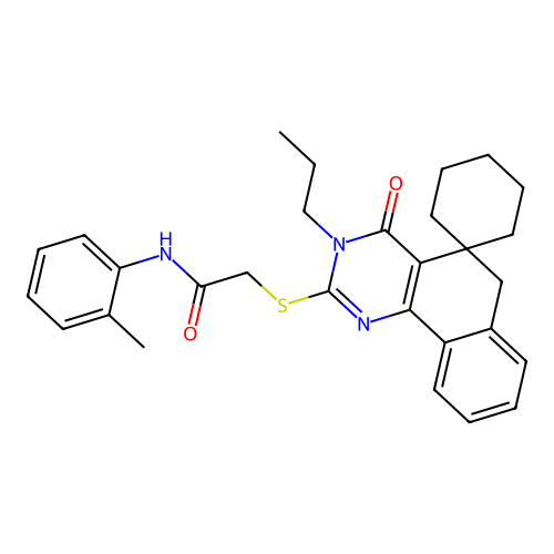 2-((4-oxo-3-propyl-4,6-dihydro-3H-spiro[benzo[h]quinazoline-5,1'-cyclohexan]-2-yl)thio)-N-(o-tolyl)acetamide structure
