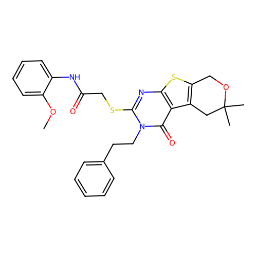 2-((6,6-dimethyl-4-oxo-3-phenethyl-4,5,6,8-tetrahydro-3H-pyrano[4',3':4,5]thieno[2,3-d]pyrimidin-2-yl)thio)-N-(2-methoxyphenyl)acetamide structure