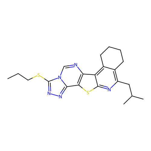 11-(2-methylpropyl)-3-(propylsulfanyl)-7,8,9,10-tetrahydro[1,2,4]triazolo[4'',3'':1',6']pyrimido[4',5':4,5]thieno[2,3-c]isoquinoline structure