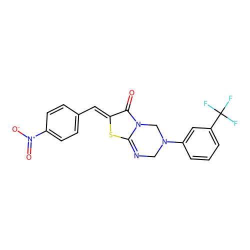 (Z)-7-(4-nitrobenzylidene)-3-(3-(trifluoromethyl)phenyl)-3,4-dihydro-2H-thiazolo[3,2-a][1,3,5]triazin-6(7H)-one structure