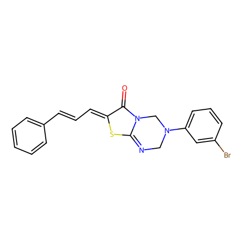 3-(3-bromophenyl)-8-cinnamylidene-7-thia-1,3,5-triazabicyclo[4.3.0]non-5-en-9-one structure
