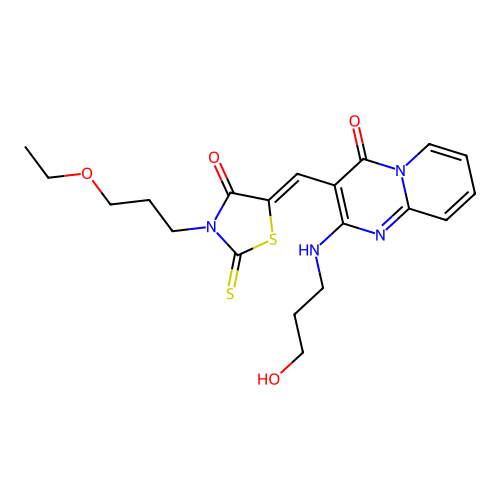 3-{(Z)-[3-(3-ethoxypropyl)-4-oxo-2-thioxo-1,3-thiazolidin-5-ylidene]methyl}-2-[(3-hydroxypropyl)amino]-4H-pyrido[1,2-a]pyrimidin-4-one structure