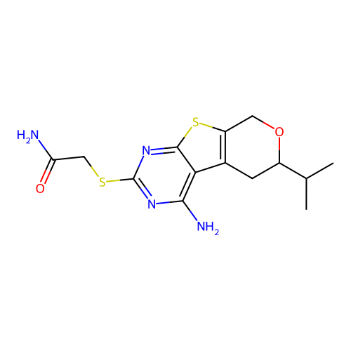 2-((4-amino-6-isopropyl-6,8-dihydro-5H-pyrano[4',3':4,5]thieno[2,3-d]pyrimidin-2-yl)thio)acetamide structure