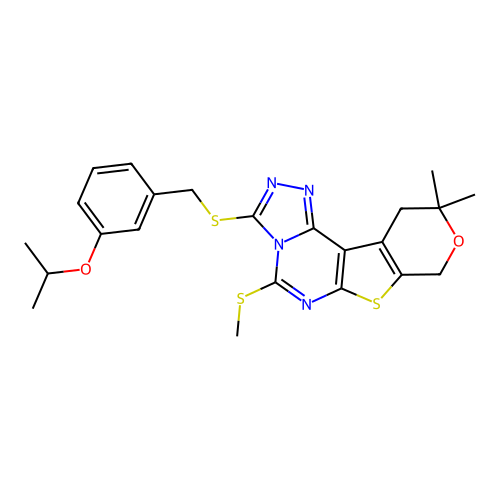 10,10-dimethyl-5-(methylsulfanyl)-3-{[3-(propan-2-yloxy)benzyl]sulfanyl}-10,11-dihydro-8H-pyrano[4',3':4,5]thieno[3,2-e][1,2,4]triazolo[4,3-c]pyrimidine structure