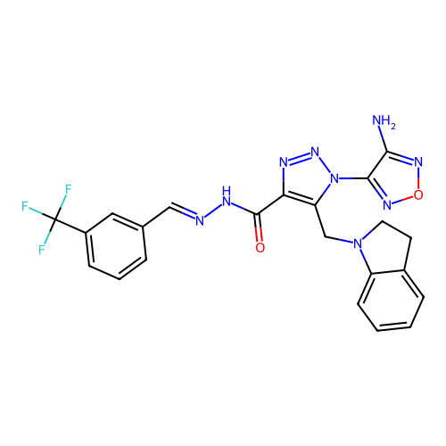 (E)-1-(4-amino-1,2,5-oxadiazol-3-yl)-5-(indolin-1-ylmethyl)-N'-(3-(trifluoromethyl)benzylidene)-1H-1,2,3-triazole-4-carbohydrazide structure