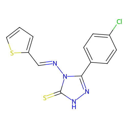 3-(4-chlorophenyl)-4-[(E)-thiophen-2-ylmethylideneamino]-1H-1,2,4-triazole-5-thione structure