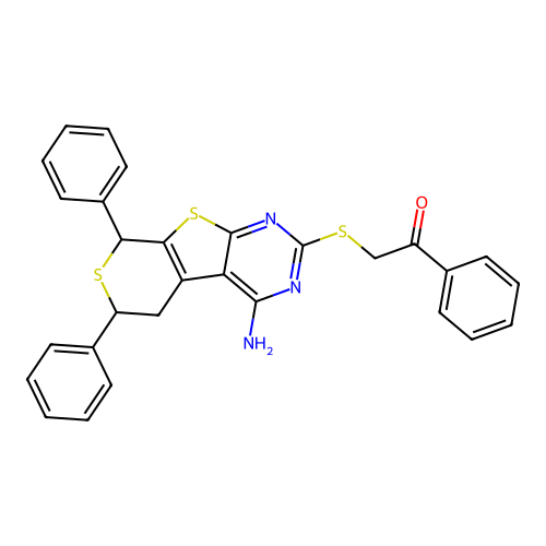 2-((4-amino-6,8-diphenyl-6,8-dihydro-5H-thiopyrano[4',3':4,5]thieno[2,3-d]pyrimidin-2-yl)thio)-1-phenylethanone structure