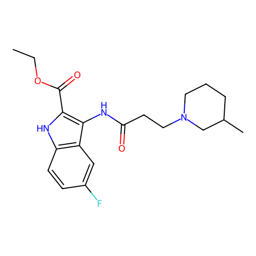 ethyl 5-fluoro-3-(3-(3-methylpiperidin-1-yl)propanamido)-1H-indole-2-carboxylate structure