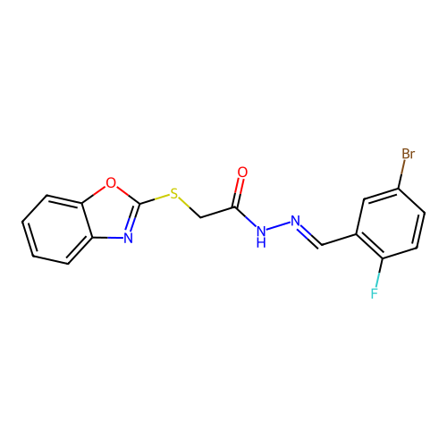 (E)-2-(benzo[d]oxazol-2-ylthio)-N'-(5-bromo-2-fluorobenzylidene)acetohydrazide structure