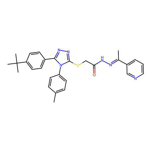 2-{[5-(4-tert-butylphenyl)-4-(4-methylphenyl)-4H-1,2,4-triazol-3-yl]sulfanyl}-N'-[(1E)-1-(pyridin-3-yl)ethylidene]acetohydrazide structure
