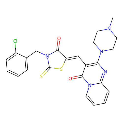 3-{(Z)-[3-(2-chlorobenzyl)-4-oxo-2-thioxo-1,3-thiazolidin-5-ylidene]methyl}-2-(4-methylpiperazin-1-yl)-4H-pyrido[1,2-a]pyrimidin-4-one structure