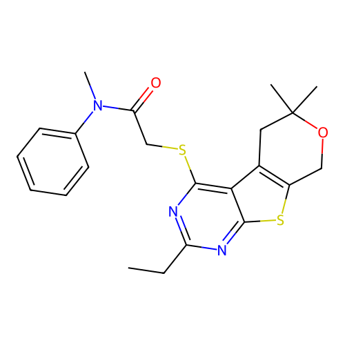 2-[(2-ethyl-6,6-dimethyl-5,8-dihydro-6H-pyrano[4',3':4,5]thieno[2,3-d]pyrimidin-4-yl)sulfanyl]-N-methyl-N-phenylacetamide structure