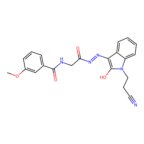 N-[2-[2-[1-(2-cyanoethyl)-2-oxoindol-3-ylidene]hydrazinyl]-2-oxoethyl]-3-methoxybenzamide structure