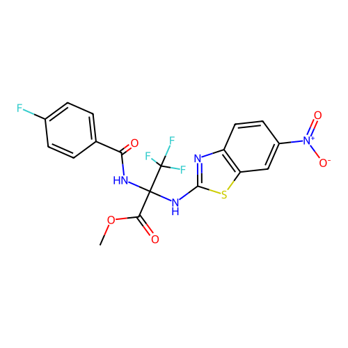 (S)-methyl 3,3,3-trifluoro-2-(4-fluorobenzamido)-2-((6-nitrobenzo[d]thiazol-2-yl)amino)propanoate structure