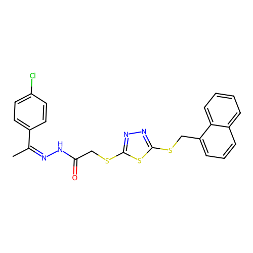 N-[(E)-1-(4-chlorophenyl)ethylideneamino]-2-[[5-(naphthalen-1-ylmethylsulfanyl)-1,3,4-thiadiazol-2-yl]sulfanyl]acetamide structure