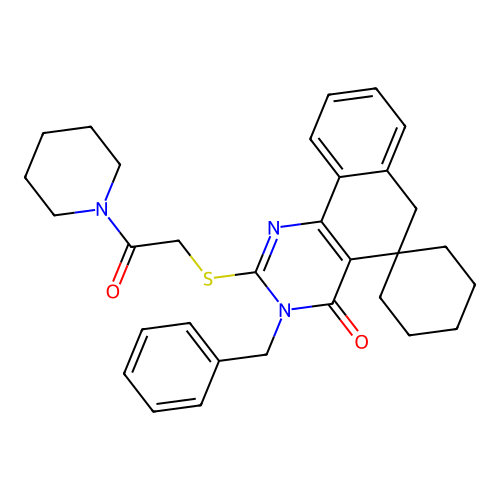 3-benzyl-2-((2-oxo-2-(piperidin-1-yl)ethyl)thio)-3H-spiro[benzo[h]quinazoline-5,1'-cyclohexan]-4(6H)-one structure
