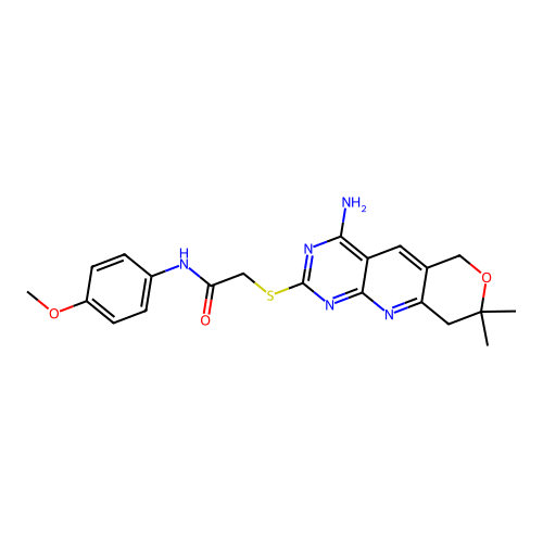 2-((4-amino-8,8-dimethyl-8,9-dihydro-6H-pyrano[3',4':5,6]pyrido[2,3-d]pyrimidin-2-yl)thio)-N-(4-methoxyphenyl)acetamide structure