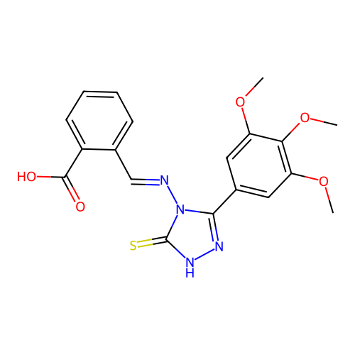(E)-2-(((3-mercapto-5-(3,4,5-trimethoxyphenyl)-4H-1,2,4-triazol-4-yl)imino)methyl)benzoic acid structure