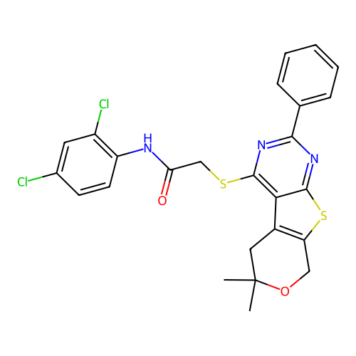 N-(2,4-dichlorophenyl)-2-((6,6-dimethyl-2-phenyl-6,8-dihydro-5H-pyrano[4',3':4,5]thieno[2,3-d]pyrimidin-4-yl)thio)acetamide structure