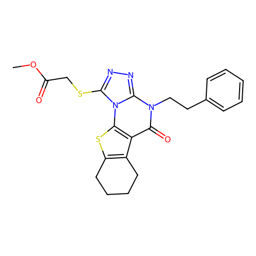 methyl {[5-oxo-4-(2-phenylethyl)-4,5,6,7,8,9-hexahydro[1]benzothieno[3,2-e][1,2,4]triazolo[4,3-a]pyrimidin-1-yl]sulfanyl}acetate structure