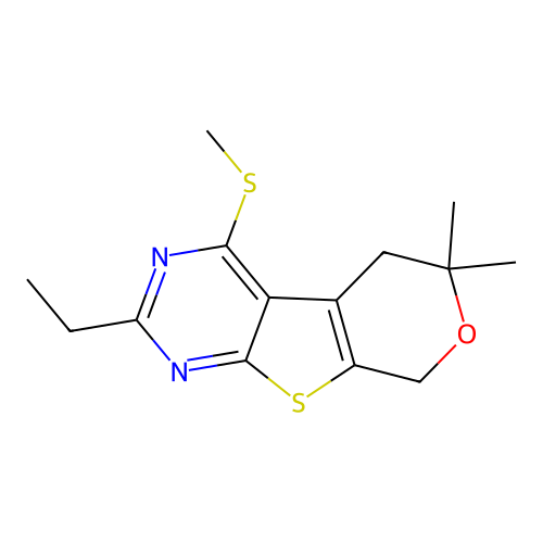 2-ethyl-6,6-dimethyl-4-(methylsulfanyl)-5,8-dihydro-6H-pyrano[4',3':4,5]thieno[2,3-d]pyrimidine structure