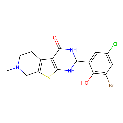 2-(3-bromo-5-chloro-2-hydroxyphenyl)-7-methyl-1,2,5,6,7,8-hexahydropyrido[4',3':4,5]thieno[2,3-d]pyrimidin-7-ium-4-olate structure