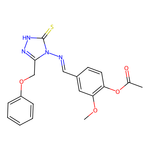 (E)-4-(((3-mercapto-5-(phenoxymethyl)-4H-1,2,4-triazol-4-yl)imino)methyl)-2-methoxyphenyl acetate structure