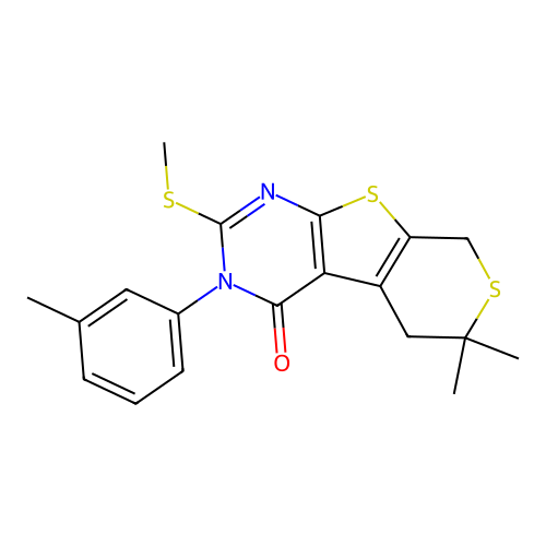 6,6-dimethyl-2-(methylthio)-3-(m-tolyl)-5,6-dihydro-3H-thiopyrano[4',3':4,5]thieno[2,3-d]pyrimidin-4(8H)-one structure