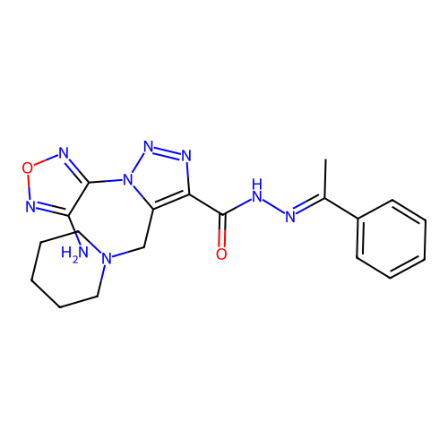 (E)-1-(4-amino-1,2,5-oxadiazol-3-yl)-N'-(1-phenylethylidene)-5-(piperidin-1-ylmethyl)-1H-1,2,3-triazole-4-carbohydrazide structure