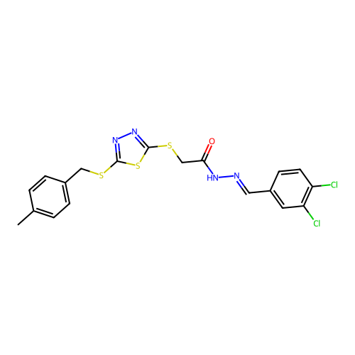 N'-[(E)-(3,4-dichlorophenyl)methylidene]-2-({5-[(4-methylbenzyl)sulfanyl]-1,3,4-thiadiazol-2-yl}sulfanyl)acetohydrazide structure