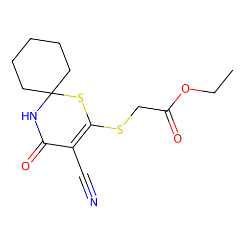 ethyl [(3-cyano-4-hydroxy-1-thia-5-azaspiro[5.5]undeca-2,4-dien-2-yl)sulfanyl]acetate structure