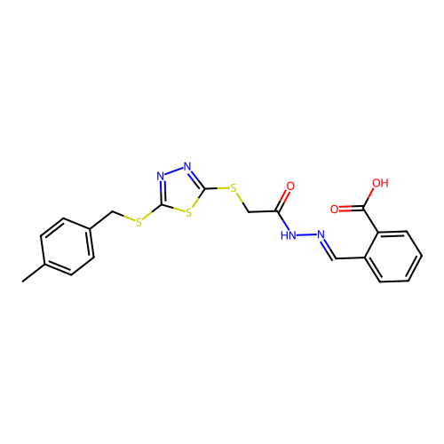 2-[(E)-{2-[({5-[(4-methylbenzyl)sulfanyl]-1,3,4-thiadiazol-2-yl}sulfanyl)acetyl]hydrazinylidene}methyl]benzoic acid structure