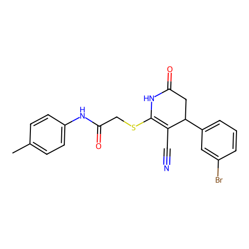 2-{[4-(3-bromophenyl)-3-cyano-6-oxo-1,4,5,6-tetrahydropyridin-2-yl]sulfanyl}-N-(4-methylphenyl)acetamide structure