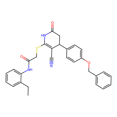 2-((4-(4-(benzyloxy)phenyl)-3-cyano-6-oxo-1,4,5,6-tetrahydropyridin-2-yl)thio)-N-(2-ethylphenyl)acetamide structure