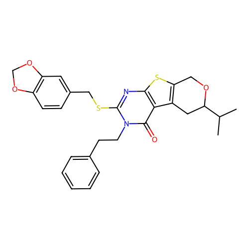 2-((benzo[d][1,3]dioxol-5-ylmethyl)thio)-6-isopropyl-3-phenethyl-5,6-dihydro-3H-pyrano[4',3':4,5]thieno[2,3-d]pyrimidin-4(8H)-one structure