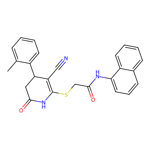 2-((3-cyano-6-oxo-4-(o-tolyl)-1,4,5,6-tetrahydropyridin-2-yl)thio)-N-(naphthalen-1-yl)acetamide structure